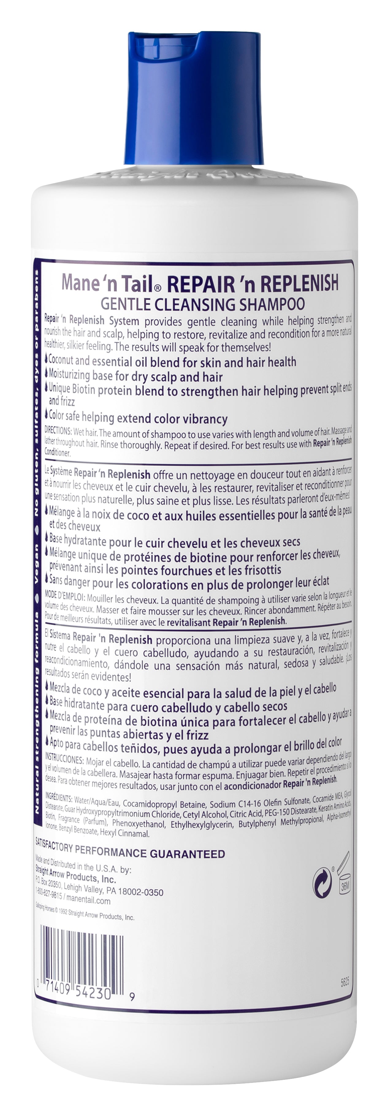 Back of Mane 'n Tail 15.2 ounce Repair 'n Replenish Shampoo. On a white background