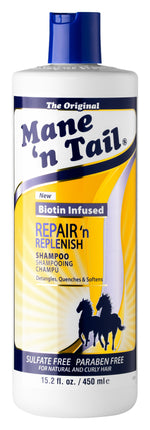 Front of Mane 'n Tail 15.2 ounce Repair 'n Replenish Shampoo. On a white background