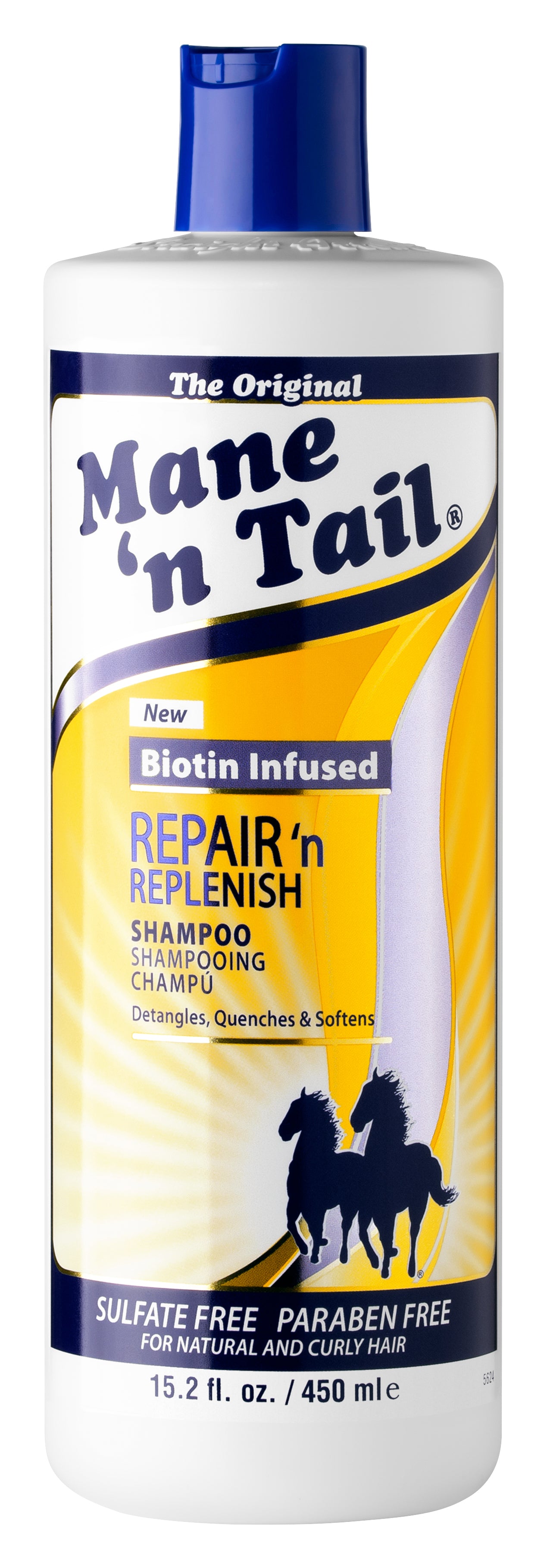 Front of Mane 'n Tail 15.2 ounce Repair 'n Replenish Shampoo. On a white background