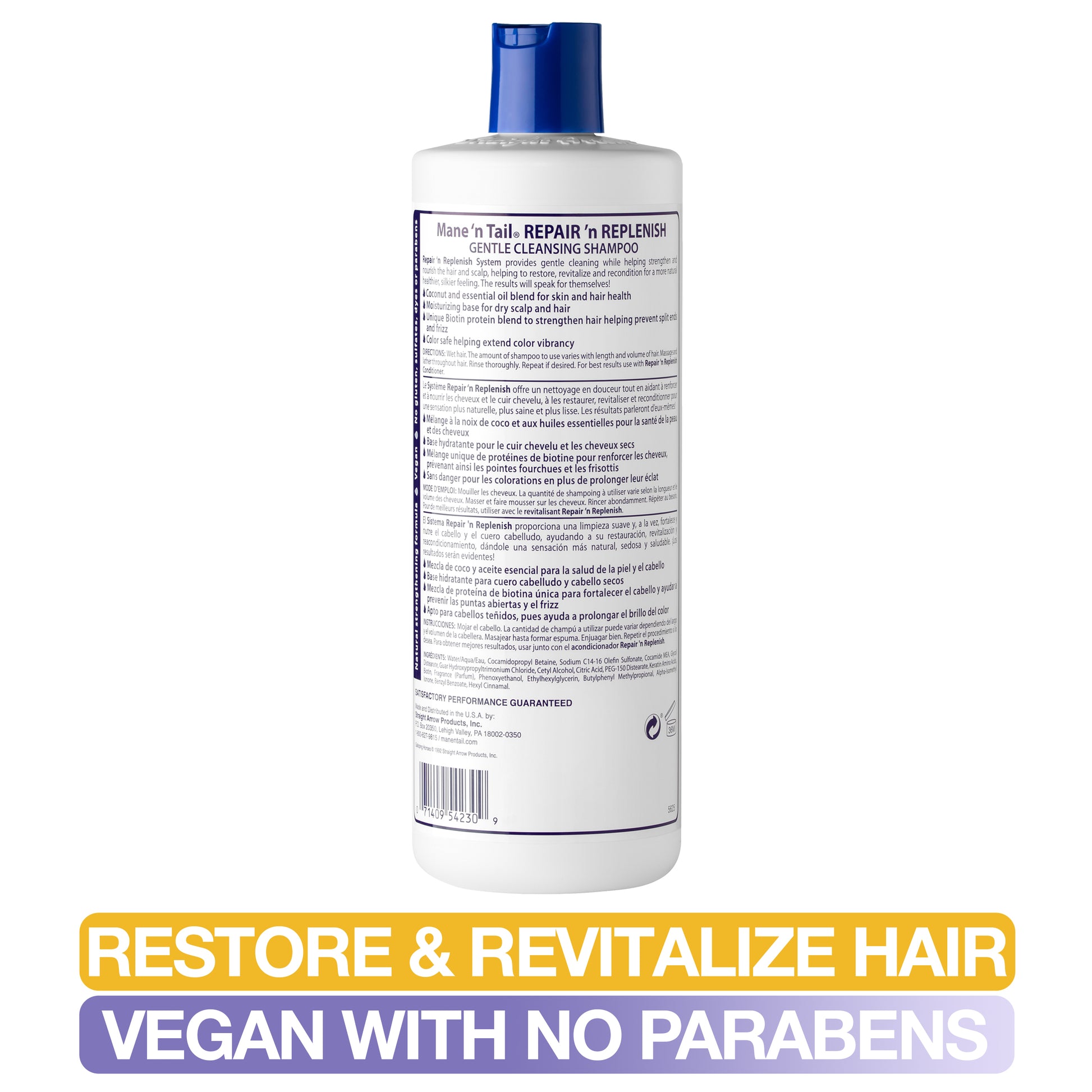 Back of Mane 'n Tail 15.2 ounce Repair 'n Replenish Shampoo. On a white background. There are tags below the product that read "restore & revitalize hair" and "vegan with no parabens"