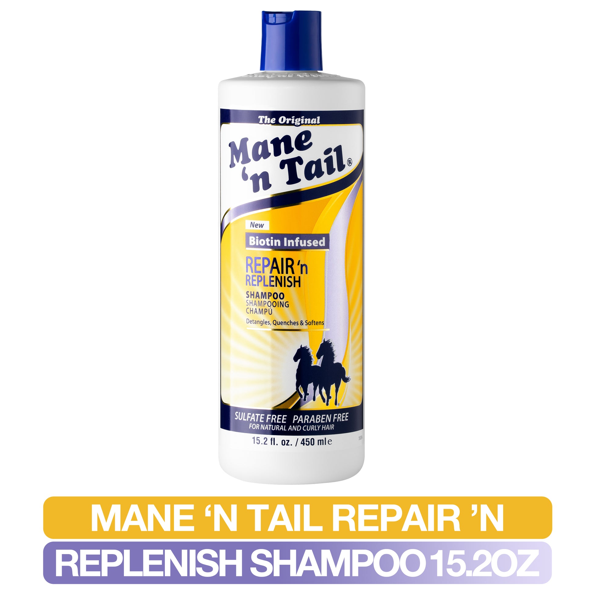 Front of Mane 'n Tail 15.2 ounce Repair 'n Replenish Shampoo. On a white background. There are tags underneath that read "Mane 'n Tail Repair 'n Replenish Shampoo 15.2oz"
