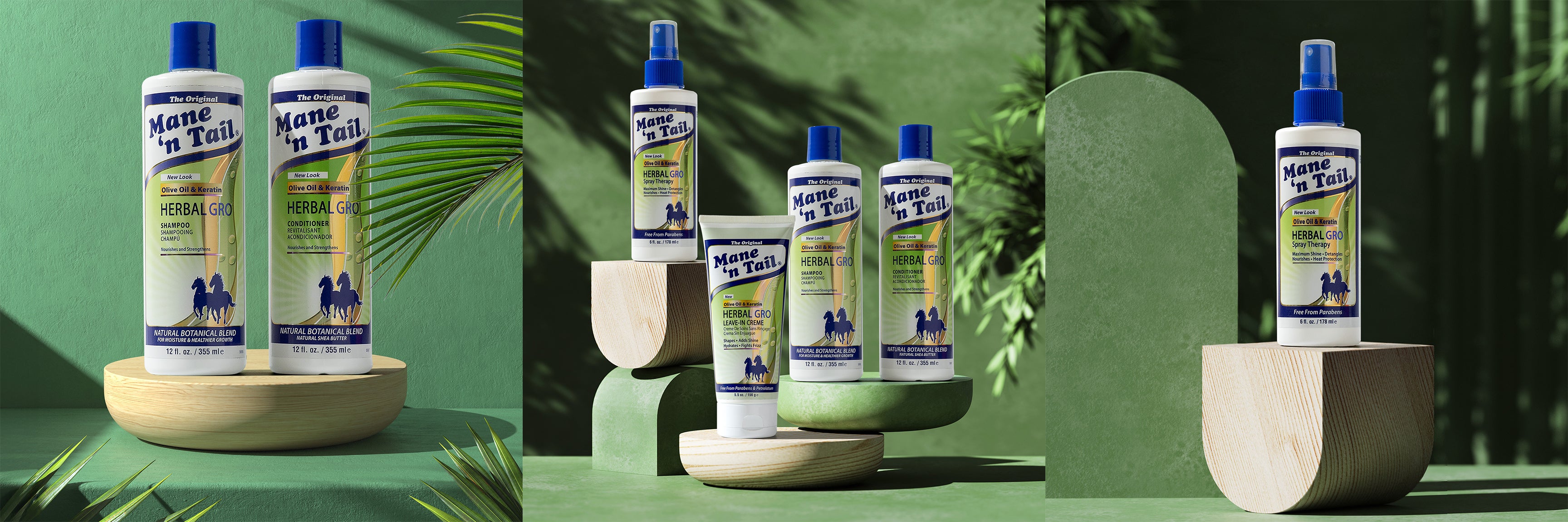 A banner with three distinct photos, from left to right; 12 ounce Mane 'n Tail Herbal Gro Shampoo, 12 ounce Mane 'n Tail Herbal Gro Conditioner on a wooden stand. Mane 'n Tail Herbal Gro Complete 4 Piece Set on wooden stands. Mane 'n Tail Herbal Gro Spray Therapy on a wooden stand.