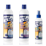 Front of Mane 'n Tail three branded bottles. From left to right, 16 ounce Mane 'n Tail Pet Me Colloidal Oatmeal Shampoo, 16 Ounce Mane 'n Tail Pet Me Coat Brightening Shampoo, and 8 ounce Mane 'n Tail Pet Me Deodorizer & Detangler. On a white background