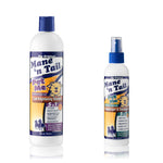 Front of Mane 'n Tail two branded bottles. From left to right, 16 ounce Mane 'n Tail Pet Me Coat Brightening Shampoo and 8 ounce Mane 'n Tail Pet Me Deodorizer & Detangler. On a white background