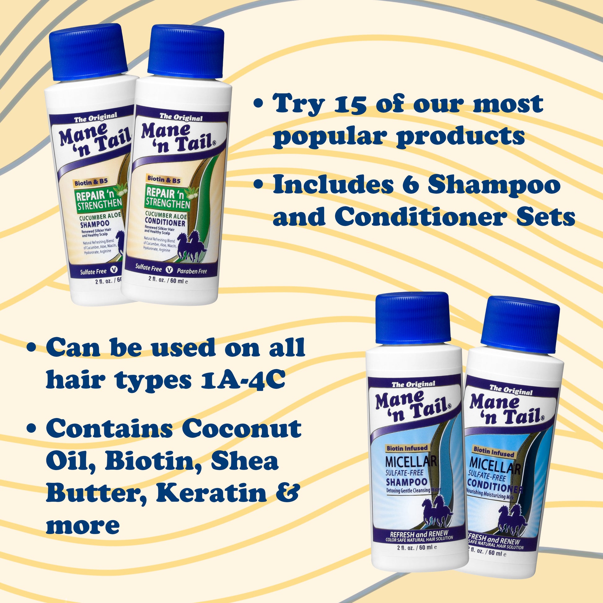 An info card that has sample sizes of Mane 'n Tail Repair 'n Strengthener Shampoo & Mane 'n Tail Repair 'n Strengthener Conditioner. Mane 'n Tail Micellar Shampoo & Mane 'n Tail Micellar Conditioner. There are bullet points that read "Try 15 of our most popular products", "Includes 6 Shampoo and Conditioner Sets", "Can be used on all hair types 1A-4C", "Contains Coconut Oil, Biotin, Shea Butter, Keratin & More". On a background that resembles yellow wavy hair.
