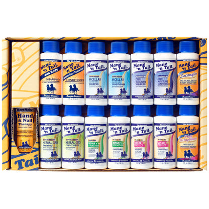 A top down photo of the Mane 'n Tail 15 Piece sampler containing these items from left to right, top to bottom. Mane 'n Tail and Body Original Shampoo, Mane 'n Tail Original Conditioner, Mane 'n Tail Micellar Shampoo, Mane 'n Tail Micellar Conditioner, Mane 'n Tail Deep Moisture Shampoo, Mane 'n Tail Deep Moisture Conditioner, Mane 'n Tail Detangler, Mane 'n Tail Herbal Gro Shampoo, Mane 'n Tail Herbal Gro Conditioner, Mane 'n Tail Repair 'n Strengthen Shampoo, Mane 'n Tail Repair 'n Strengthener Condition 