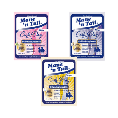 Mane n Tail branded packettes with the Curls Day formula, top left is the pink packette with the daily moisture lotion, in the top right is the purple packette that contains curl defining cream, on the bottom is the yellow packette that contains enhancing smoothie all in multi-colored branded Mane n Tail packettes