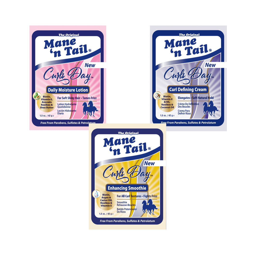 Mane n Tail branded packettes with the Curls Day formula, top left is the pink packette with the daily moisture lotion, in the top right is the purple packette that contains curl defining cream, on the bottom is the yellow packette that contains enhancing smoothie all in multi-colored branded Mane n Tail packettes