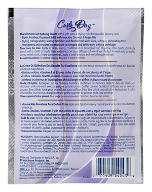 Back of the 1.5 oz Curls Day Curl Defining Cream in a purple branded Mane n Tail packette