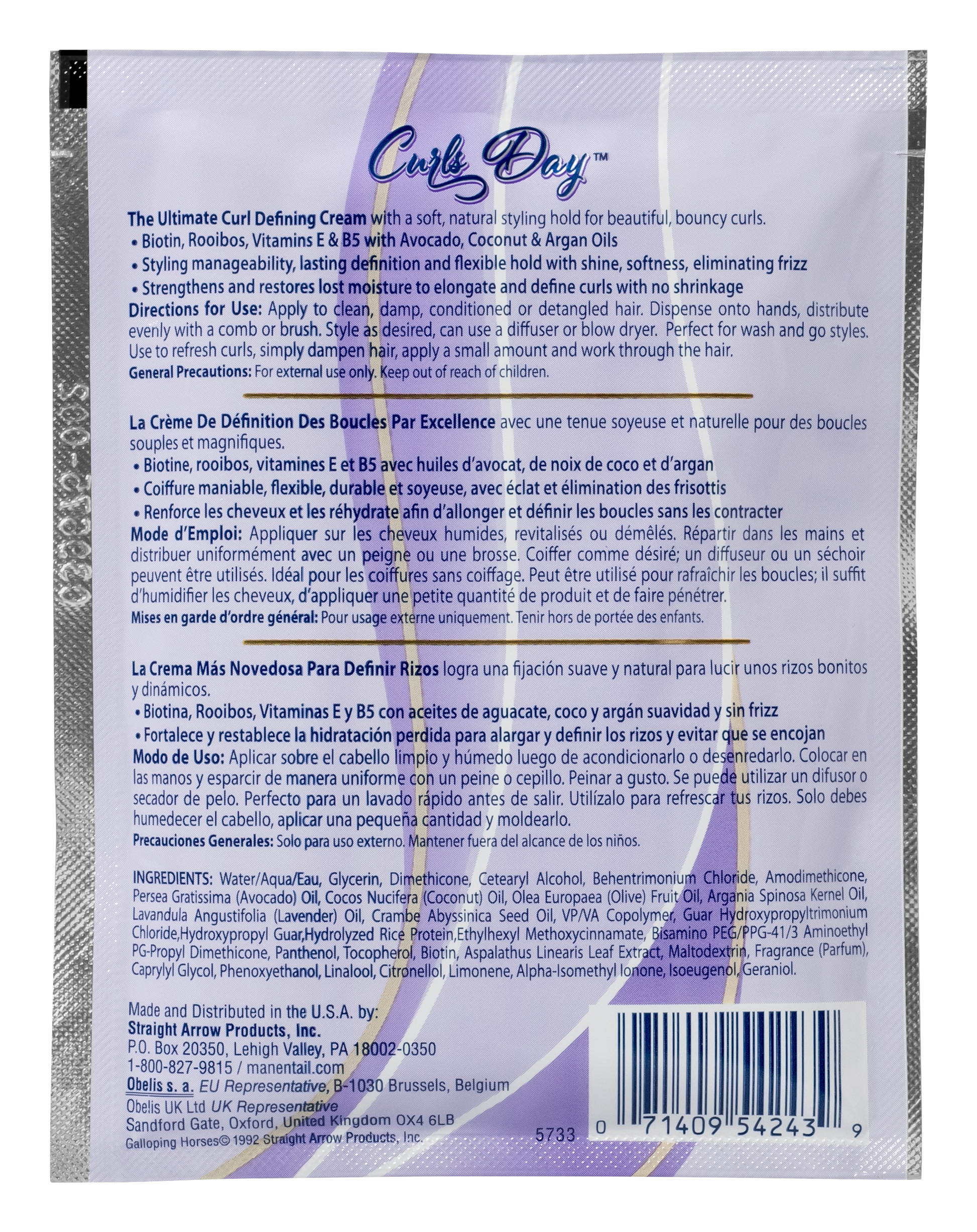 Back of the 1.5 oz Curls Day Curl Defining Cream in a purple branded Mane n Tail packette