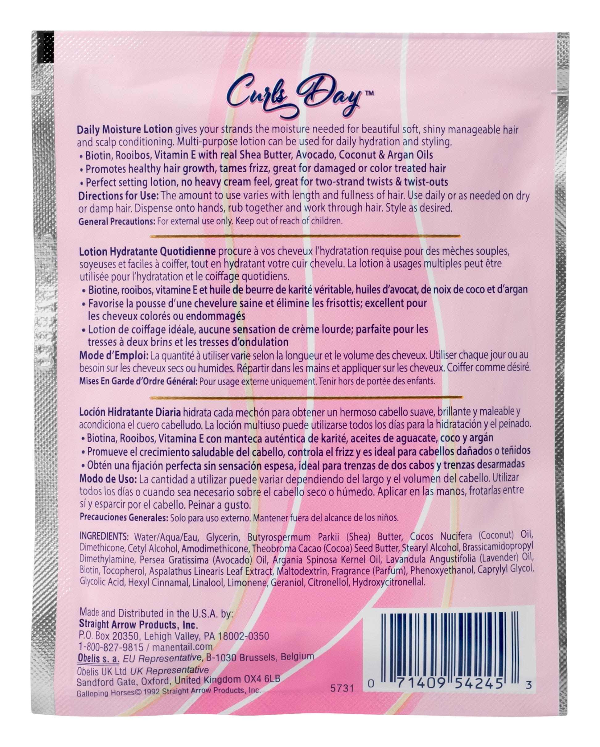 Back of the 1.5 oz Curls Day Daily Moisture Lotion in a pink branded Mane n Tail packette