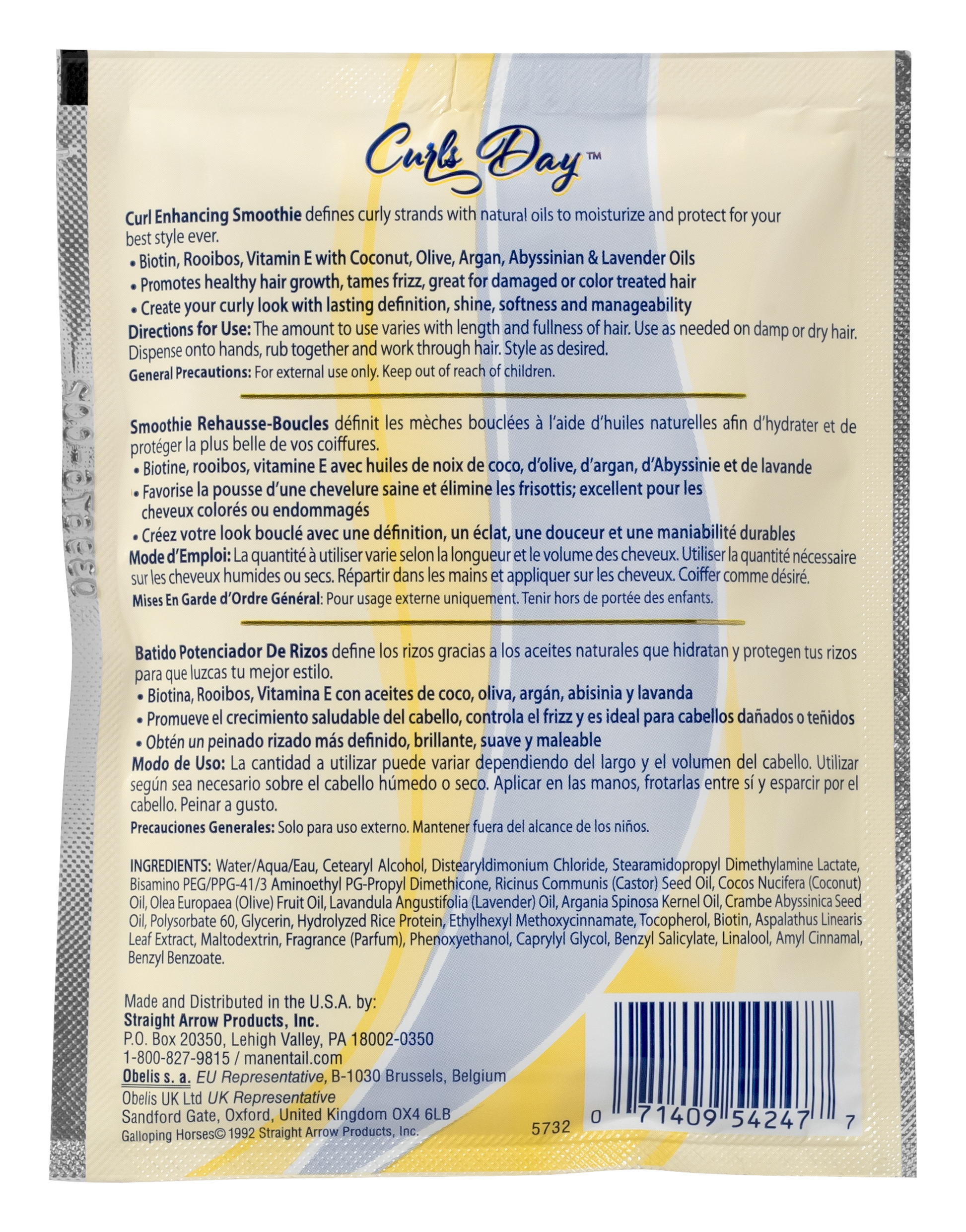 Back of the 1.5 oz Curls Day Enchaning smoothie in a yellow branded Mane n Tail packette 